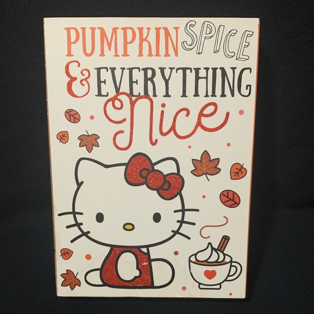 Hello Kitty Pumpkin Spice Fall Autumn Leaves Wooden Wall Sign 5” x 7”